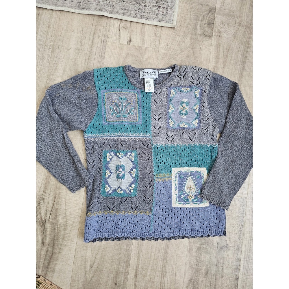 Jantzen Petite Vintage Patchwork Embroidered Floral Knit Sweater Grey Teal M